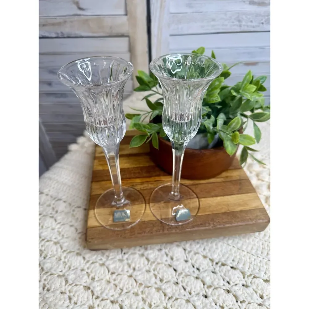 VTG MIKASA Icicles Crystal Long Stem Tulip Shaped Candlestick Holder Set of Two